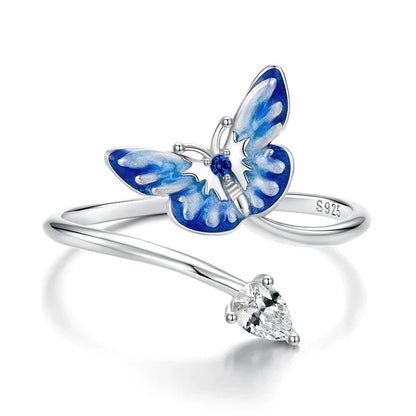Women Adjustable Blue Enamel Butterfly Ring