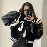 Punk Style Black White Leather Varsity Jacket