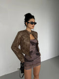 Women Retro Slim Stand Collar Leather Jacket