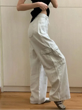 Cool Streetwear Beige High Waisted Cargo Jeans