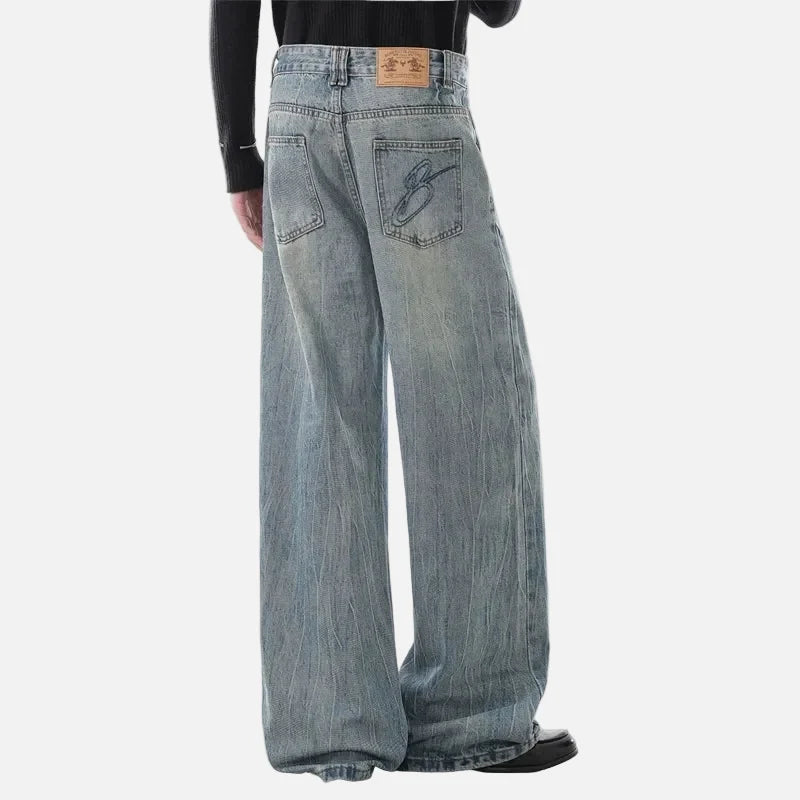 Vintage Washed Diagonal Placket Button Jeans