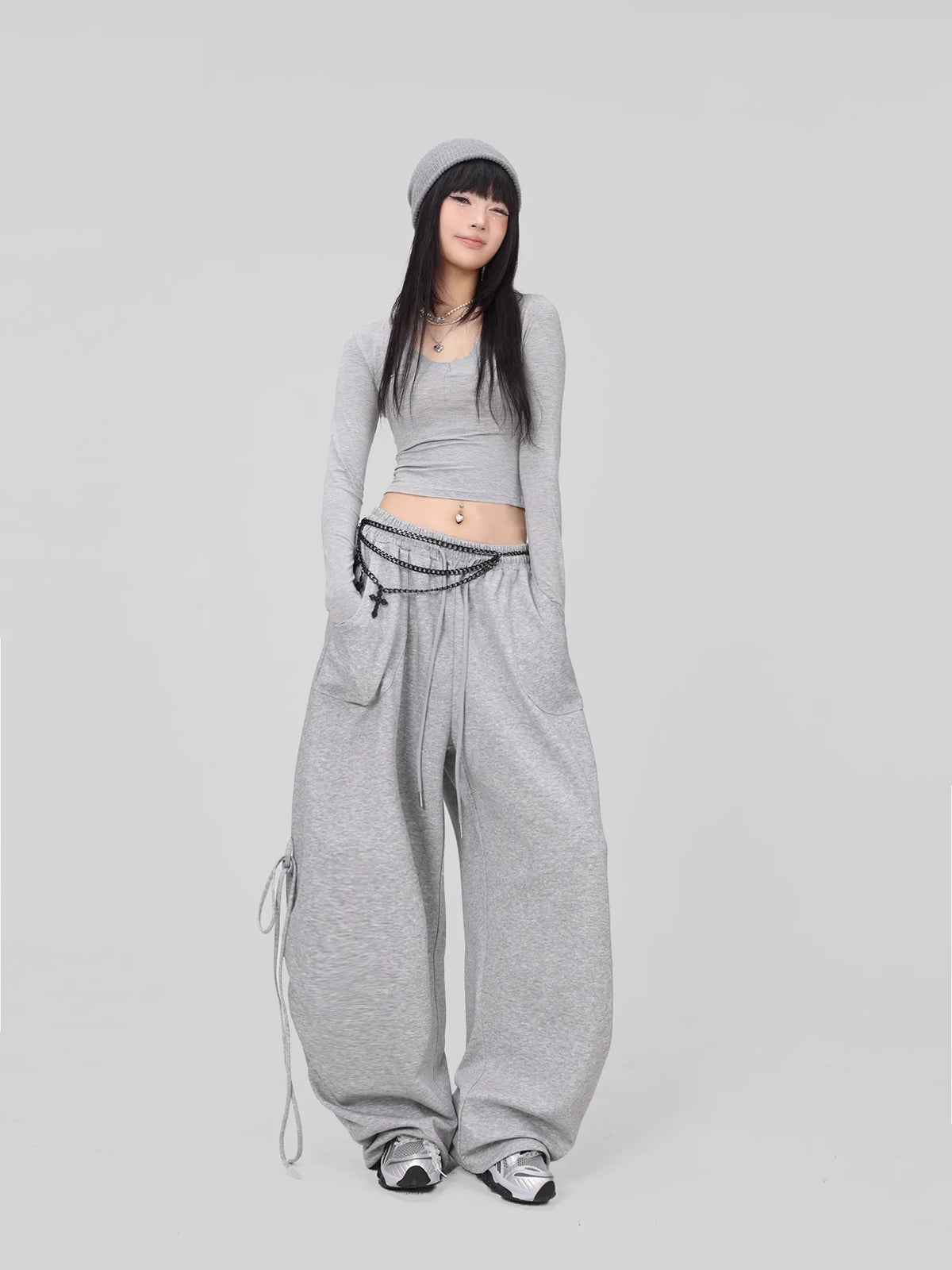 Soft Gray Drawstring Hip Hop Pants