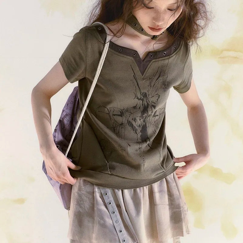 Vintage Patchwork Grunge Aesthetics Halter T-Shirt