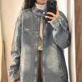 Blue Denim Zipper Casual Denim Jacket