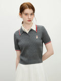 Women Contrast Color Bear Embroidered Knitted T-Shirt