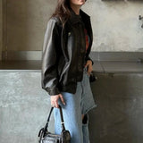 Women Chic Fashionable Zipper Leather Jacket