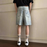 Retro Washed Solid Color Ripped Denim Short