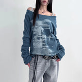 Vintage Graphic Printing Skew Collar Sweater