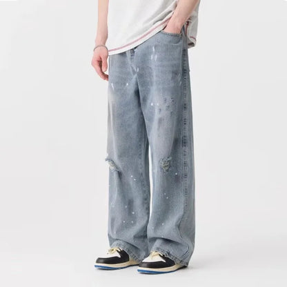 Ripped Baggy Graffiti Printed Denim Jeans