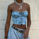 Y2K Button-Up Denim Bustier Top