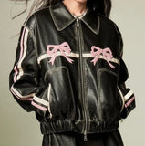 Women Durable Faux Bow Zipper Leather Jacket