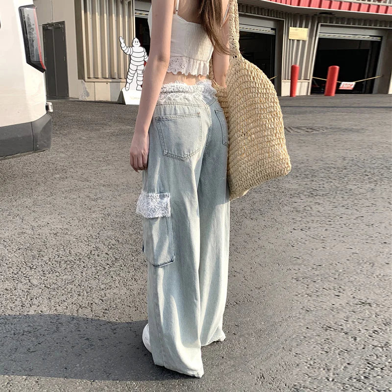 Plush Vintage Lace Trim Cargo Jeans