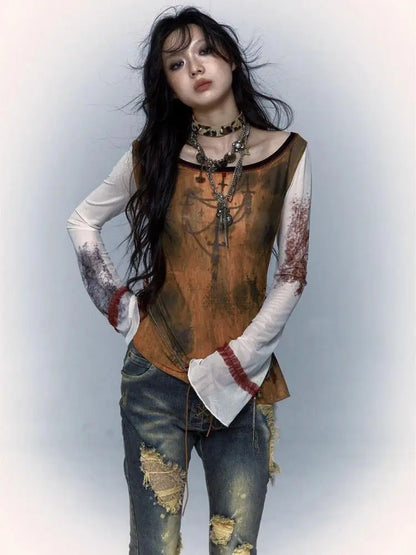 Gothic Patchwork Mesh Long Sleeve T-Shirt