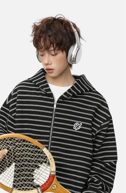Y2K Embroidered Oversized Striped Hooded Sweatshirt