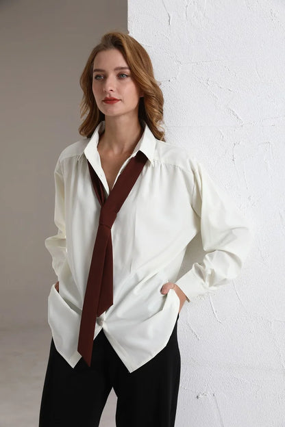 Model wearing the beige Casual Loose-Fit Shirt With Tie