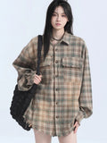 Women Streetwear Vintage Plaid Tassel Long Sleeve Shirt