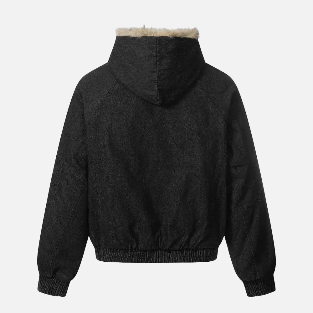Y2K Quilted Retro Denim Fur Hooded Jacket