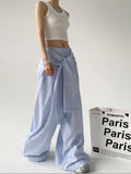 Women Vintage Korean Striped Lace-Up Pants