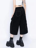 Patchwork Black Retro Wide Leg Jorts