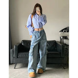 Women Retro Comfort Vintage Blue High Waist Cargo Jeans