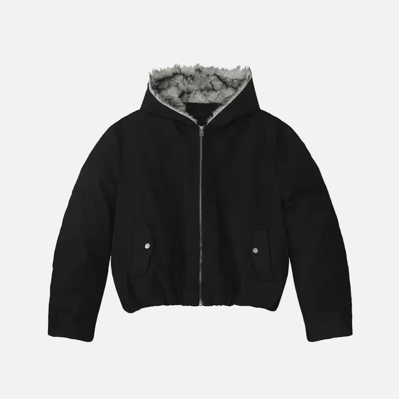 Retro Solid Color Thicken Hooded Fur Jacket
