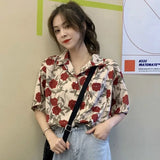 Women Korean Style Vintage Rose Print Short Sleeve Shirt