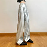 Y2K Women Streetwear Hip Hop Silver Leather Pants