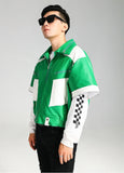 Cool Green Block Pu Leather Jacket