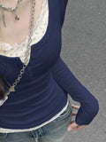 Sweet Flower Print Patchwork Lace T-Shirt