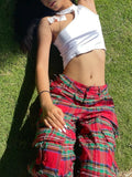 Durable Red Block Plaid Ripped Pants