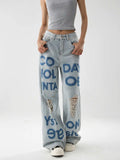 American Style Oversize Ripped Printed Blue Denim Jeans