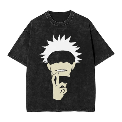 Anime Girl Dinner Print Washed T-Shirt
