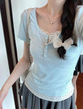 Sweet Flower Print Patchwork Lace T-Shirt