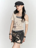 Vintage Gothic Patchwork Off-Shoulder T-Shirt