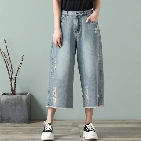 High Waist Ripped Wide Leg Jorts