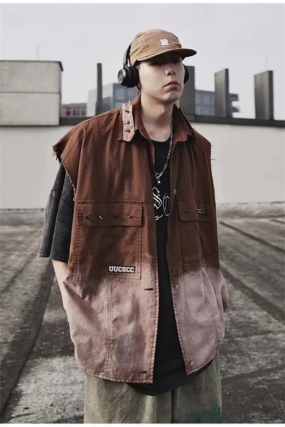 Rivet Design Gradient Sleeveless Denim Jacket