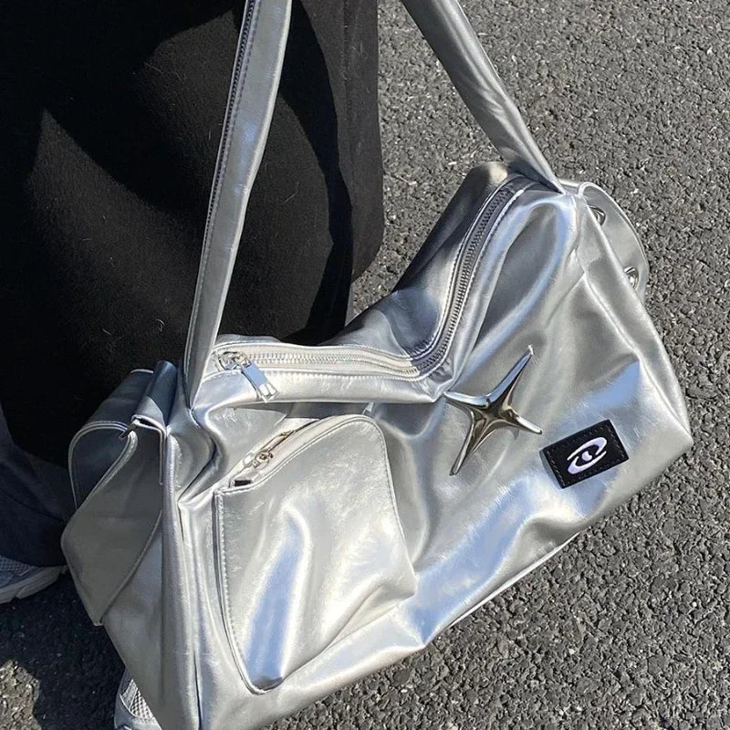 Model wearing the silver Star Design Shoulder Bag