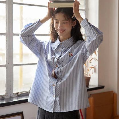 Women Classic Chic Vintage Striped Embroidered Shirt
