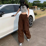 Women Cool Brown Vintage Drawstring Cargo Pants