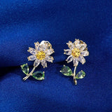 Luxury Flower Daisy Stud Green Leaf Earrings