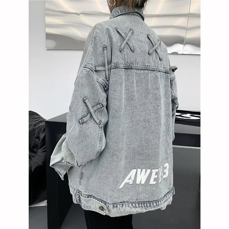 Retro American Style Letter Print Denim Jacket