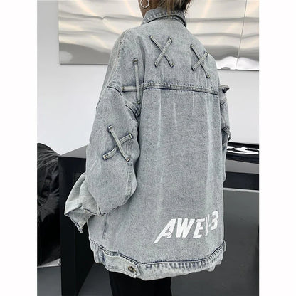 Retro American Style Letter Print Denim Jacket
