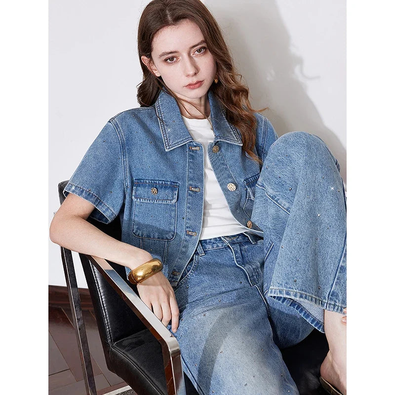 Rhinestone Short Sleeve Denim  Jacket