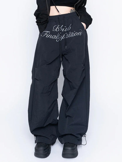 Black Chic Letters Print Parachute Sweatpants