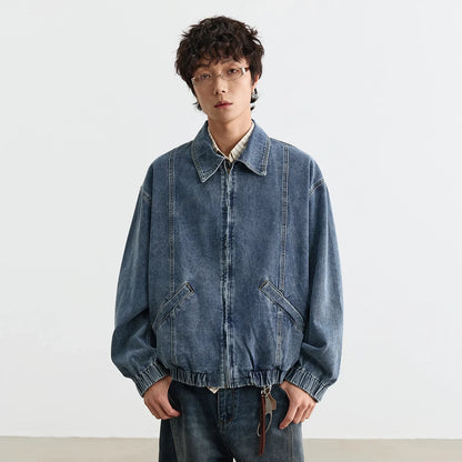 American Style Zipper Turn Down Collar Denim Jacket