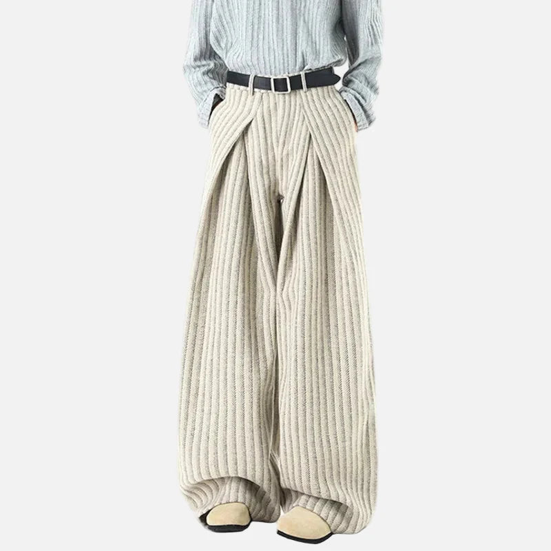 Striped Solid Color Woolen Pleated Wide Leg Pants