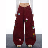 Y2K Versatile 2000s Style Red Floral Cargo Jeans