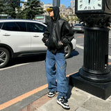 Black PU Windbreaker Coat Zipper Leather Jacket