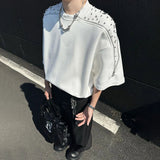 Rhinestone Beaded Zipper Shoulder Pad T-Shirt