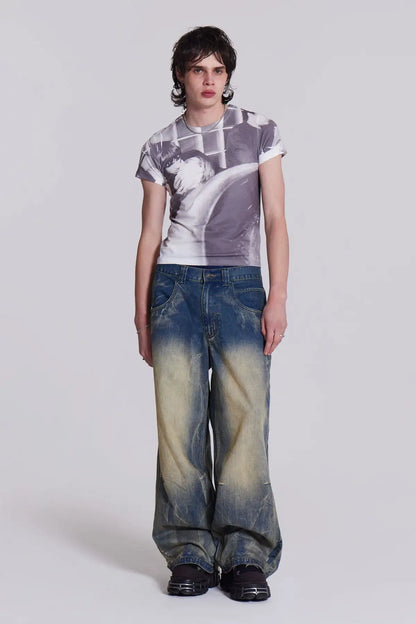 Vintage Wing Pattern Baggy Wide Leg Jeans